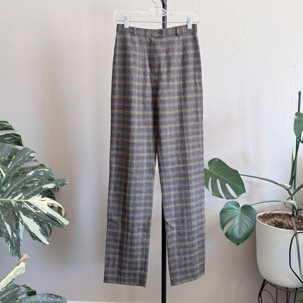 Bernard Zins Paris Memphis Plaid Wool Silk Straight Leg Pants Brown Grey Size 4